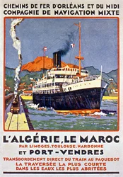 Advert Poster for French Railway to Algeria and Morocco from France via Limoges Toulouse Narbonne and Port Vendres c. 1900