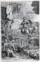 The archangel Uriel informs Gabriel that Satan is in the Garden of Eden, illustration from John Milton