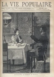 A woman listens lovingly and with admiration to the speech of the man sitting in front of her at a dinner as a couple. Illustration of B. Borione of 