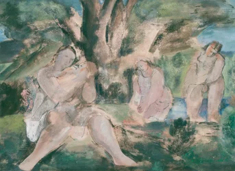 Three women and child bathing under a tree