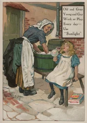 Young Girl Blowing Bubbles While Her Grandmother Does the Washing: Advertisement for Sunlight Soap