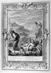 Deucalion and Pyrrha repeople the world by throwing stones behind them, 1733