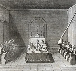 Different stages of the conclave, meeting of cardinals for the election of a new pope: the election of the new pope during the conclave in the Sistine chapel, Vatican: ballots of the cardinals for the election of the pope) Engraving from Illustration