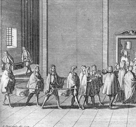 Different stages of the conclave, meeting of the cardinals for the election of a new pope: the rations are made during the conclave (Vatican: arrival of food during the conclave) Engraving from Illustration of religious ceremonies and customs of all people
