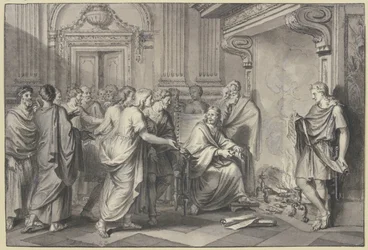 A Roman throws paper rolls into the fire in the presence of many people