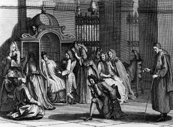 Faithful waiting in front of confessional, engraving by Bernard Picart from Religious Ceremonies and Customs of All the Peoples of the World