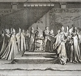 Solemn inauguration of the pontificate: "Representation of the Coronation of the Pope" (papal inauguration: the coronation of the pope). Engraving from "Illustration of the Ceremonies and Religious Customs of All the Peoples of the World" by Bernard