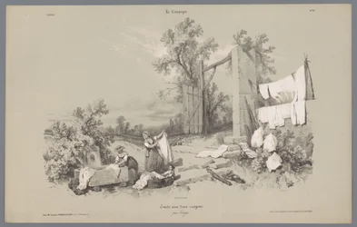 Two Women and a Girl Doing Laundry Outside (Scenes of Rural Life series)