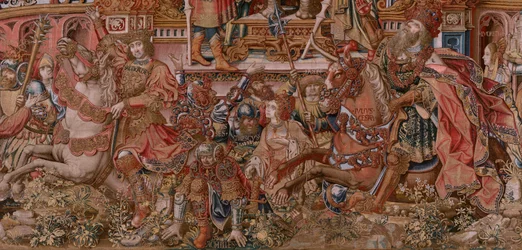 Flemish tapestry. Series The Honours. Fame. Third tapestry in the series. Model Cartoonists from the circle of Bernard van Orley and Jan Gossaert. Manufacture Pieter van Aelst, Brussels. Ca 1550