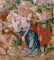Flemish Tapestry. Series The Passion of Christ. Fall on the Way to Calvary. Second Tapestry in the Series. Models Cartoonist Bernard van Orley. Manufacture Pieter de Pannemaker, Brussels. Ca 1518-1523. Fabric Gold, Silver.