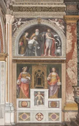 Alessandro Bentivoglio with saints and below Saint Rose and Saint Justina (detail)