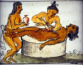 Human Sacrifice: Ritual Sacrifice Among the Aztecs. From a Manuscript by Bernardino de Sahagun