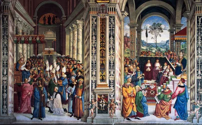 Pius II arriving in Ancona to start crusade, fresco by Pinturicchio, Piccolomini Library, Cathedral of Siena, Italy