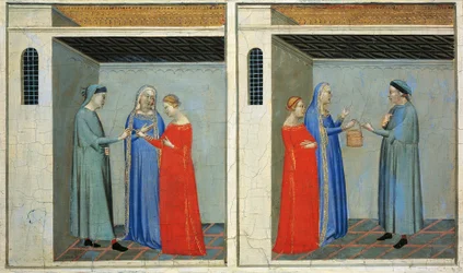 Predella with Stories of Sacra Cintola: marriage of Michael receiving dowry of Sacra Cintola, by Bernardo Daddi