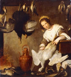 La Cuoca - A Kitchen Maid Plucking a Goose in an Interior