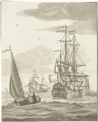 Warship and Three Sailing Ships on the Open Sea