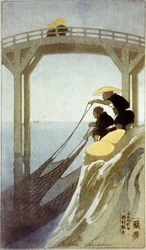 Two Japanese Fishermen Holding Large Net by a Bridge, Woodcut c. 1913 by Bertha Lum