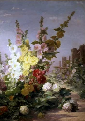 Summer Flowers with Hollyhocks and Hydrangea