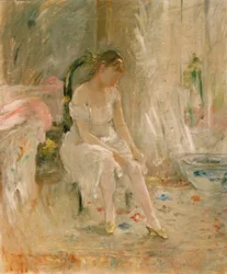 Woman Dressing or Young Girl Putting on Her Stocking