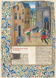 Wrapped bodies being carried into a building, illustration from 