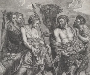 Diana Returning from the Chase, accompanied by dogs and her nymphs at left, two satyrs, ca. 1640-59