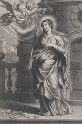 Saint Barbara holding palm leaves with a sword and flowers at her feet, two putti