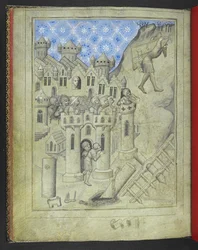 Samson carrying the gates of Gaza, watched from the city walls by armoured soldiers and, at a window, Delilah, from the 