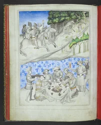Recreation in Cyprus with, above, a deer hunt using leopards and, below, a feast, from the 