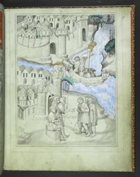 Pilgrims approaching the city gates, from the Picture Book of Sir John Mandeville