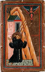 Life of Saint Francis of Assisi: Saint Francis receiving stigmas, Jesus Christ crucified appears to him as a seraphim