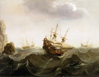 A Dutch trading ship to the East Indies lets two herring fishing boats pass, mid-17th century