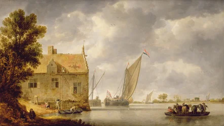 Builders Repairing a House by a River