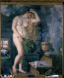 Russian Venus. Smiling nude young woman in a sauna-type bathroom with a bouquet of branches. Painting by Boris Mikhailovich Kustodiev (Kustodiev) (1878-1927)