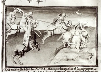 The Mongol leader, Hulagu, khan of the Ilkhanate chases his cousin, Berke, khan of the Kipchak or Golden Horde in 1262, forcing him into a river, from Livre des Merveilles du Monde