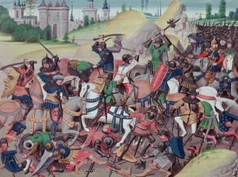 Battle between Saracens and Christians during the Crusades, from Chroniques des empereurs by David Aubert, 1462