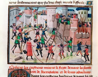 The Siege of Jerusalem by the Christians during one of the Crusades, from Chroniques des empereurs by David Aubert, 1462