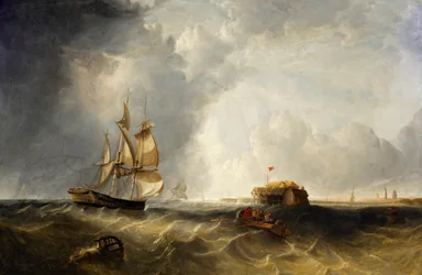 A sailing ship and a rowing boat off Calais