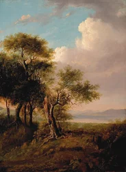 Landscape, Trees in the Foreground, Lake and Hills in the Distance