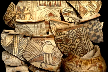 Philistine pottery decorated with typical colour designs of fish and birds, from Tel Kasil, Israel, c.1099-900 BC