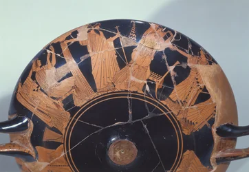 Attic red-figure cup depicting the return of Paris to Priam surrounded by Cassandra, Polyxena, Hecuba and Aphrodite, from Vulci, c.495 BC (detail)