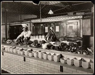 Display of cold meat in the kitchen of the Commodore Hotel, 1919