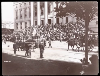 View of the crowd on the steps of Brooklyn Borough Hall during the Brooklyn Police Parade