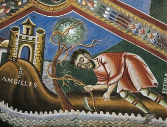 Eldrad tilling soil at Ambilly, Provence (detail), Stories of life of Saint Eldrad, Romanesque frescoes, Chapel of Saint Eldrad and Saint Nicholas, Novalesa Abbey, Piedmont, Italy (late 11th century)