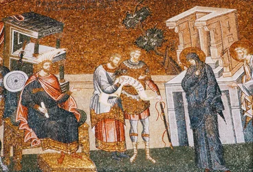 Mary & Joseph before Cyremius enrolling for the taxation, with a guard, a scribe and an officer, c. 14th century (detail)