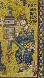 Byzantine mosaic depicting King William II offering the Cathedral to the Virgin Mary (detail)