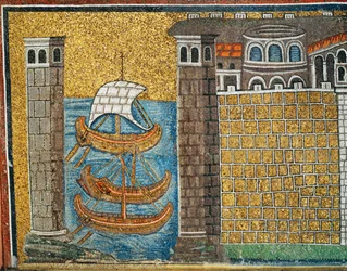 Entrance to the Harbour of Classe, Harbour Towers and Three Ships (Detail)