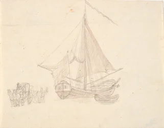 A Ship with Sails and a Pennant and a Dinghy. To the Left Two Horse-Drawn Carriages