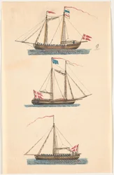 Three Warships with Danish Flags. Rowing