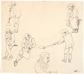 Sketch with Six Male Figures, Two with Shovels, Three Sitting, and a Male Profile