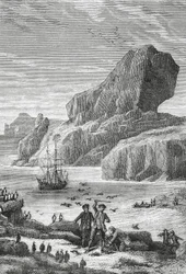 Discovery of Austral France (Kerguelen Islands) by French explorer Yves-Joseph de Kerguelen-Tremarec (1734-1797), February 1772, engraving, Indian Ocean, Territory of French Southern and Antarctic Lands